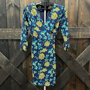 J. Crew Golden Floral Midi Wrap Dress 2 Navy 3/4 Sleeve Cottage Office Casual